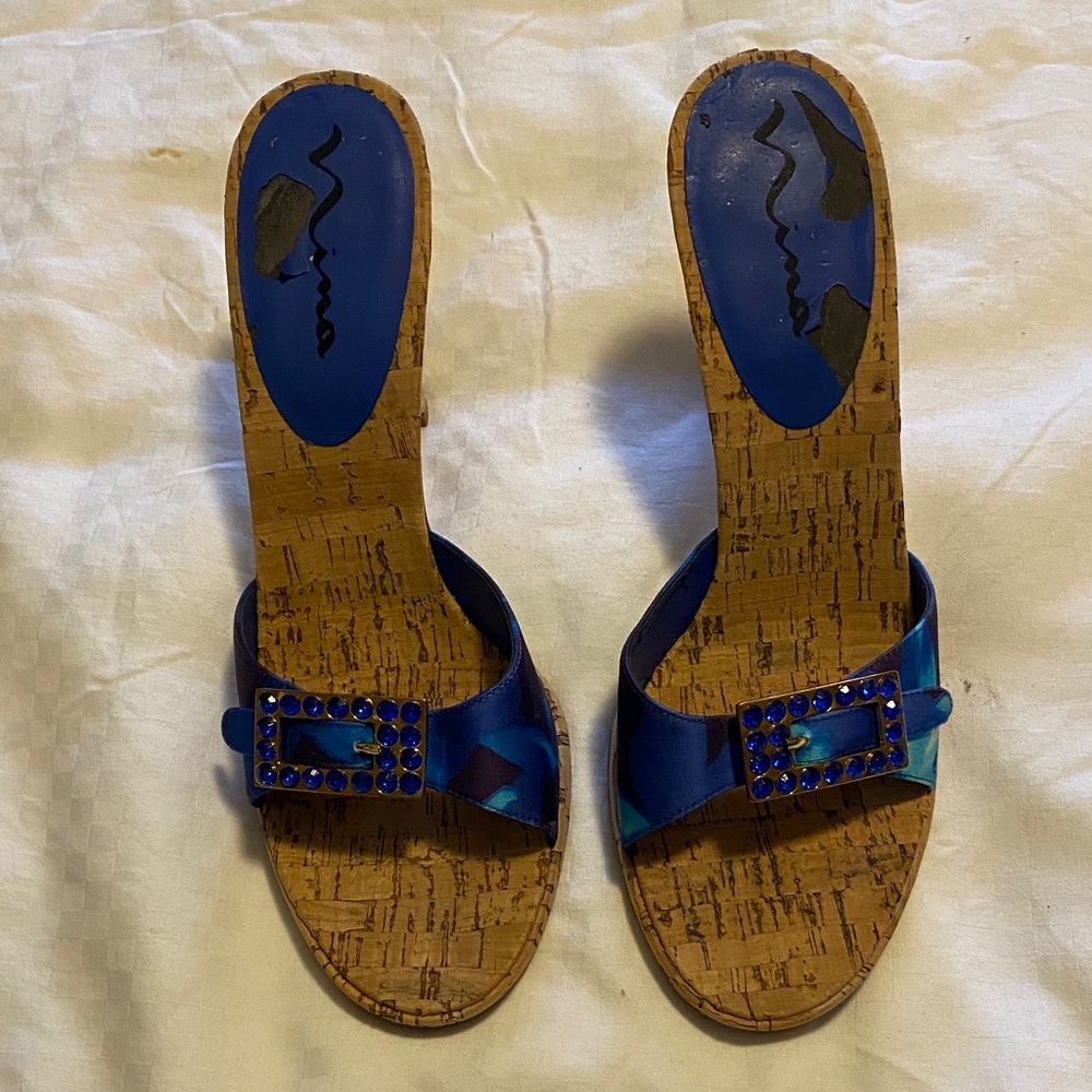 Nina Shoes Blue Cork Sandals with Gem Buckle